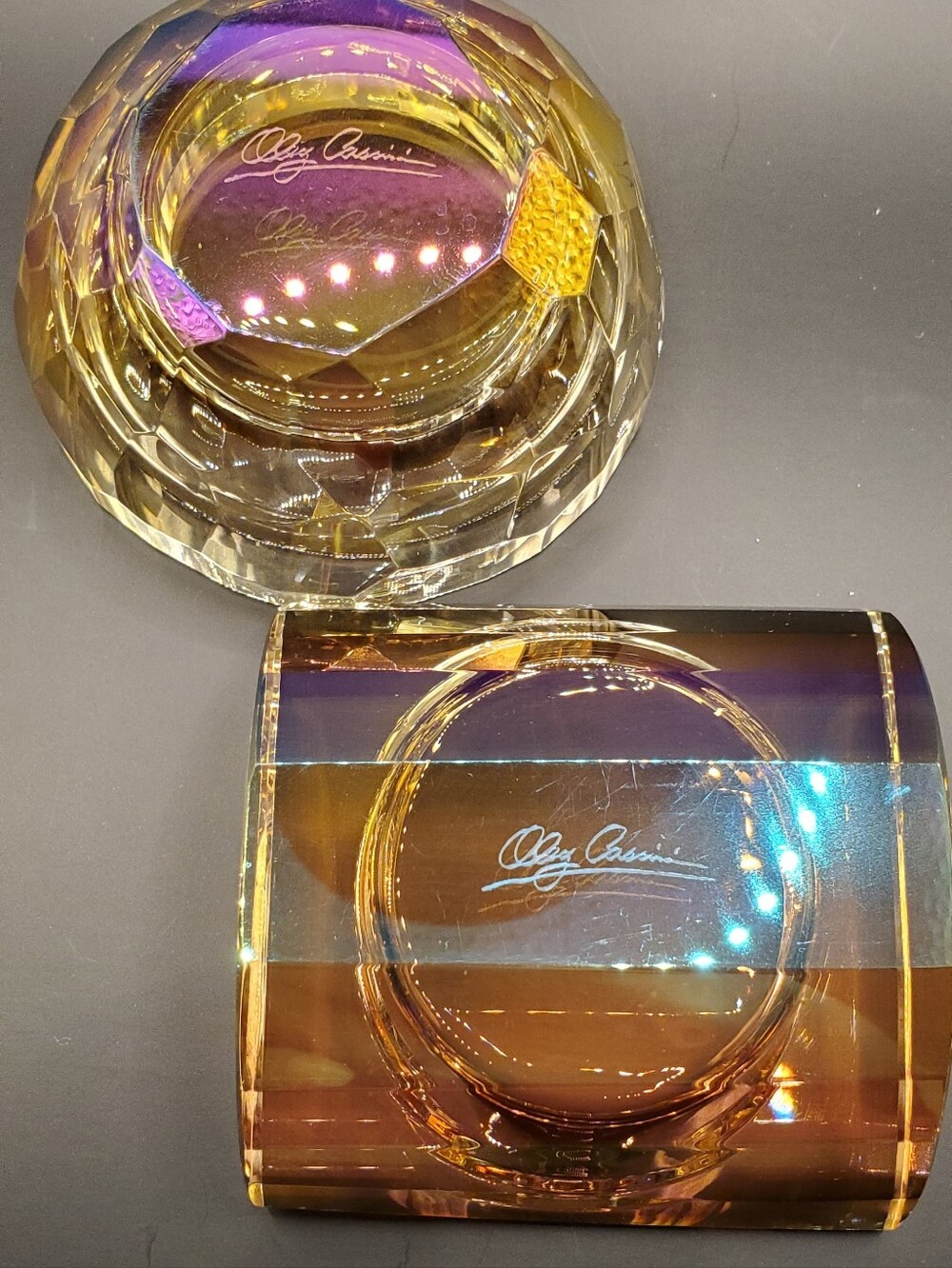 SET OF 2 SIGNED "OLEG CASSINI"  AMBER TOPAZ CRYSTAL VOTIVE CANDLE HOLDERS